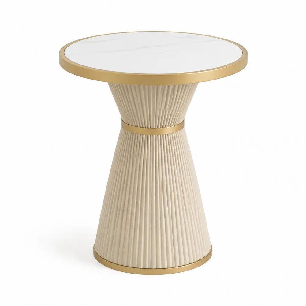 Table d’appoint ronde en pierre frittée et MDF cannelé blanc veiné gris, beige et doré – Ø 50 × H 60 cm