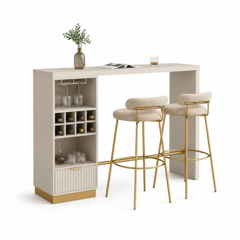 Ensemble bar rectangulaire 3 pièces avec meuble en panneaux mélaminés et 2 tabourets en acier doré, beige grège, crème et doré, 150 x 45 x 105 cm