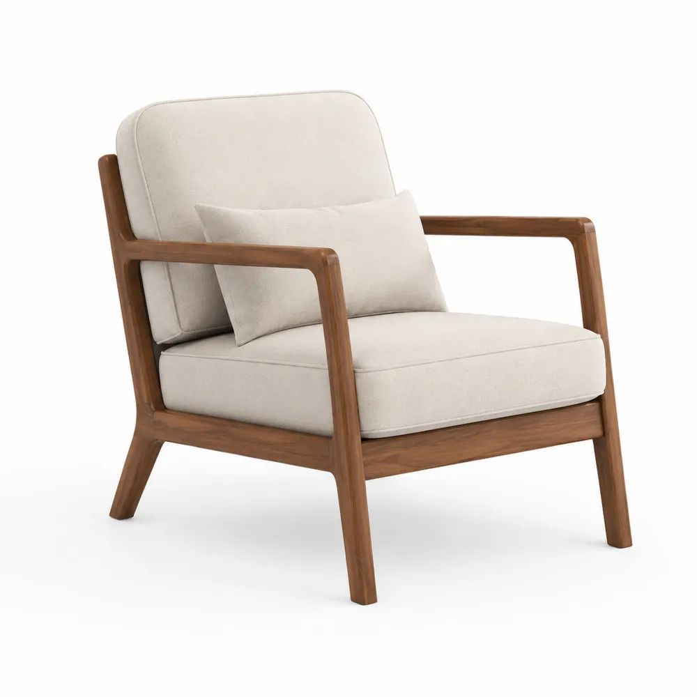 Fauteuil de salon 1 place en bois et tissu beige, structure noyer, 73 × 80 × 82 cm