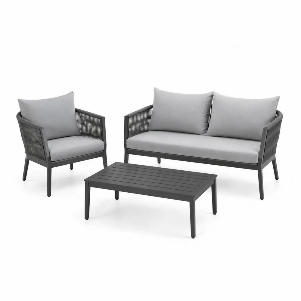 Salon de jardin extérieur 3 pièces et 3 places en aluminium et corde, gris anthracite et gris clair, canapé 127 × 72 × 76 cm, fauteuil 69 × 72 × 76 cm, table 90 × 55 × 38 cm