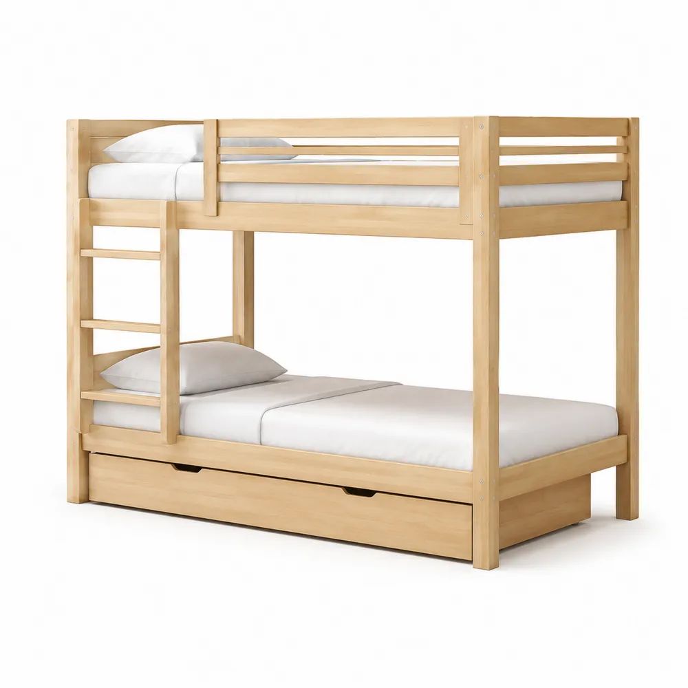 Lit superposé pour enfants en bois naturel avec tiroir et échelle, couchages 90 × 190 cm, dimensions 198 × 98 × 160 cm