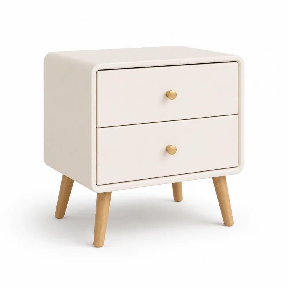 Table de chevet rectangulaire en bois à 2 tiroirs et pieds inclinés, ivoire, bois naturel et doré, 50 × 40 × 55 cm