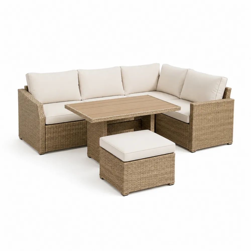 Salon de jardin extérieur 4 pièces avec canapé d’angle en résine tressée, table rectangulaire et pouf, beige naturel, blanc cassé et taupe, 210 × 210 × 75 cm