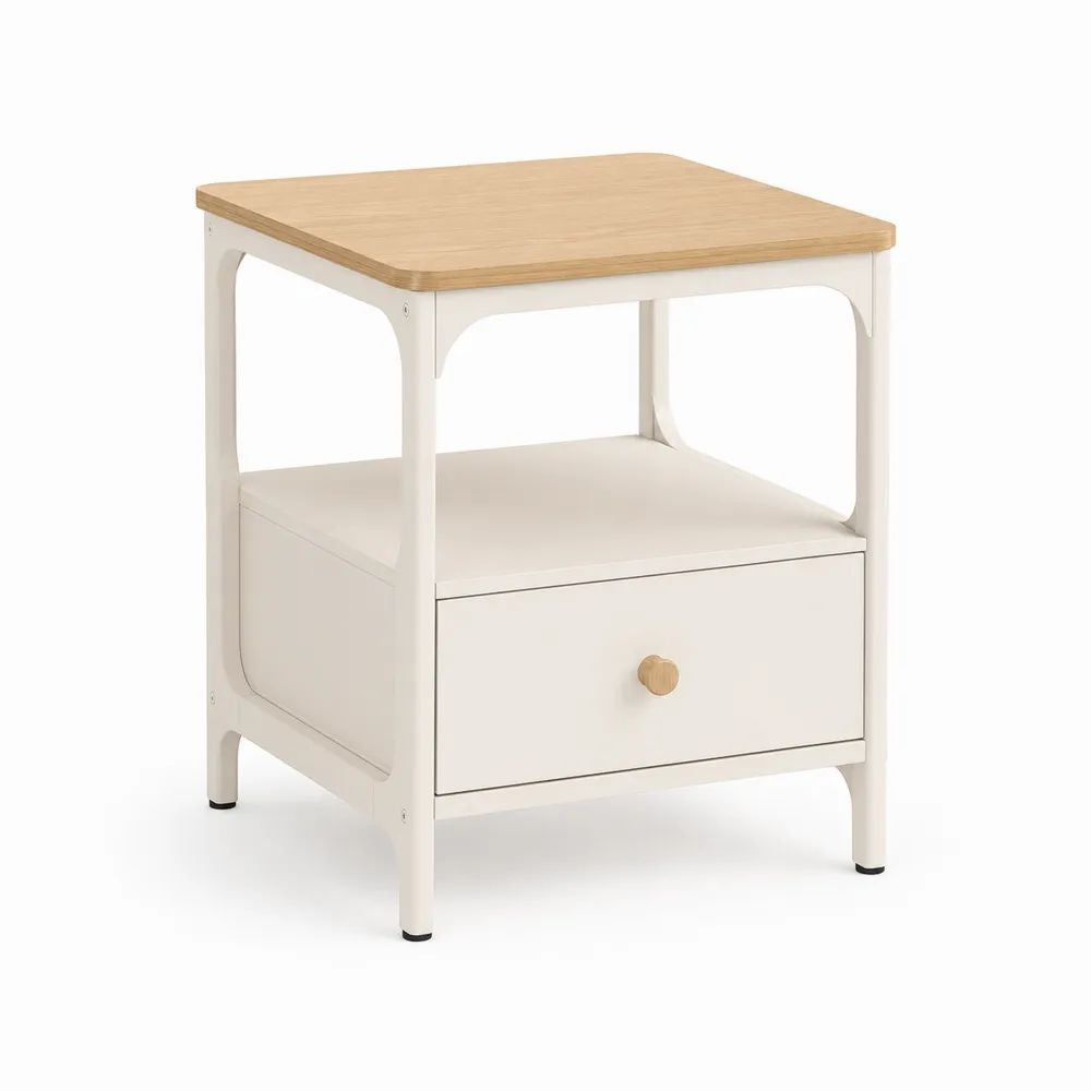 Table de chevet rectangulaire en acier blanc et bambou naturel avec tiroir et niche, 40 × 40 × 55 cm