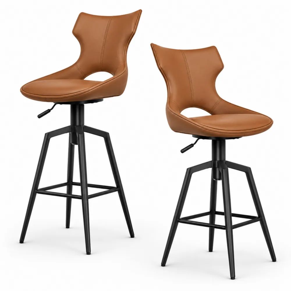 Lot de 2 tabourets de bar réglables et pivotants en similicuir PU cognac et métal noir, avec dossier incurvé, 49 × 52 × 89-109 cm