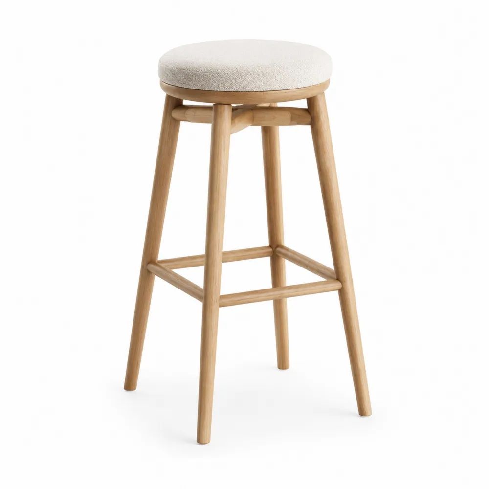 Tabouret de bar en hévéa massif avec assise ronde rembourrée en tissu bouclé beige clair, bois naturel, 45 × 45 × 75 cm