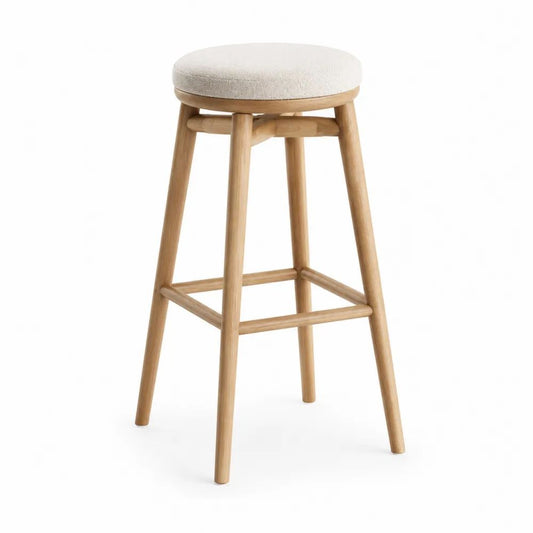 Tabouret de bar en hévéa massif avec assise ronde rembourrée en tissu bouclé beige clair, bois naturel, 45 × 45 × 75 cm
