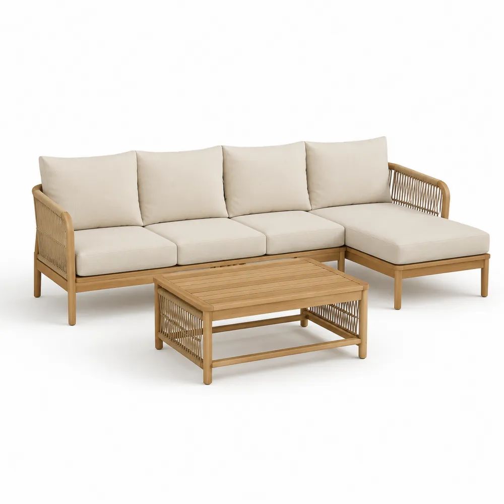 Salon de jardin 3 pièces en bois et corde avec canapé d’angle 4 places, méridienne droite et table basse, beige et marron naturel, canapé 262 × 160 × 78 cm, table 100 × 60 × 40 cm