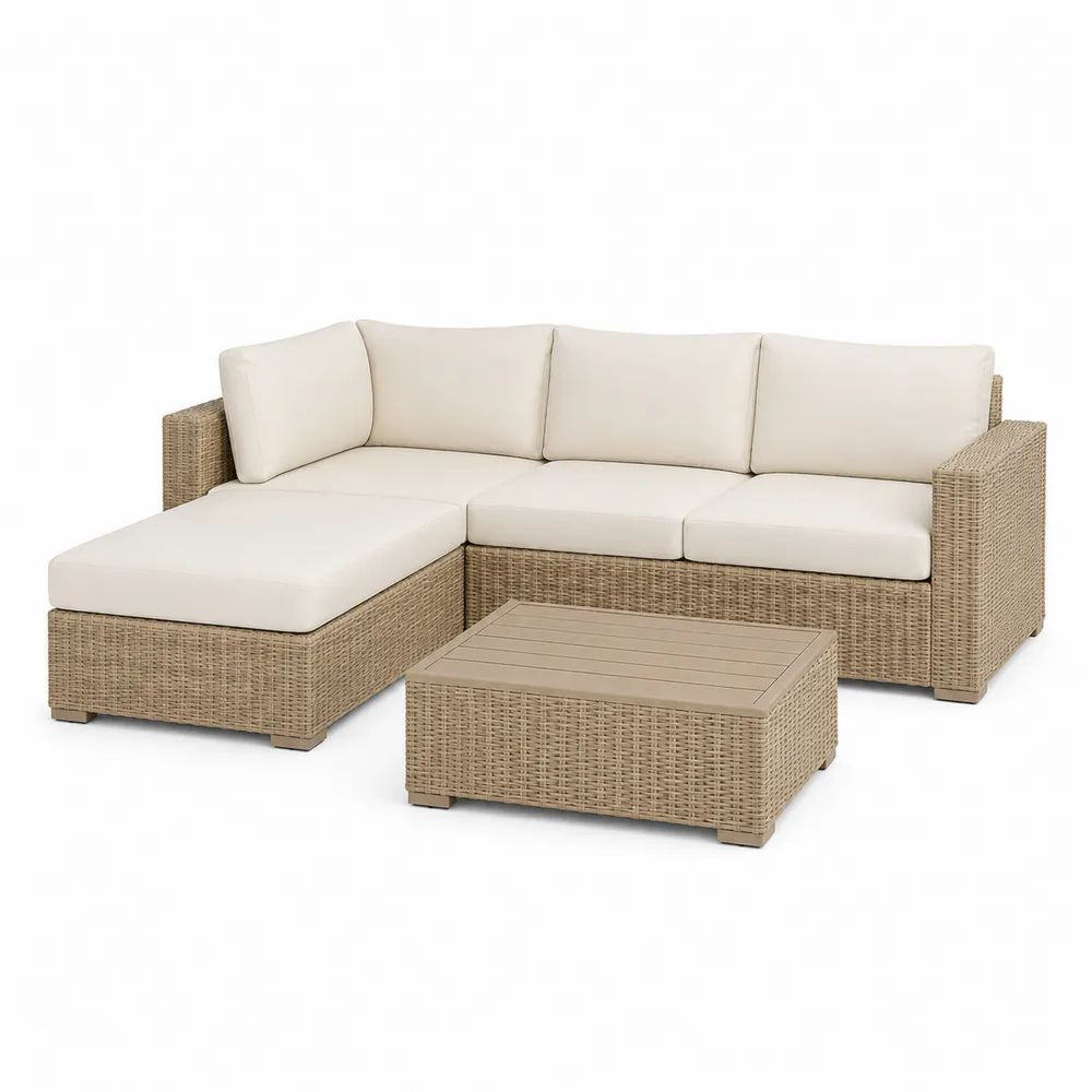 Salon de jardin 2 pièces en résine tressée beige taupe et crème, canapé d’angle 3 places avec méridienne gauche 232 × 160 × 75 cm et table basse 70 × 70 × 32 cm