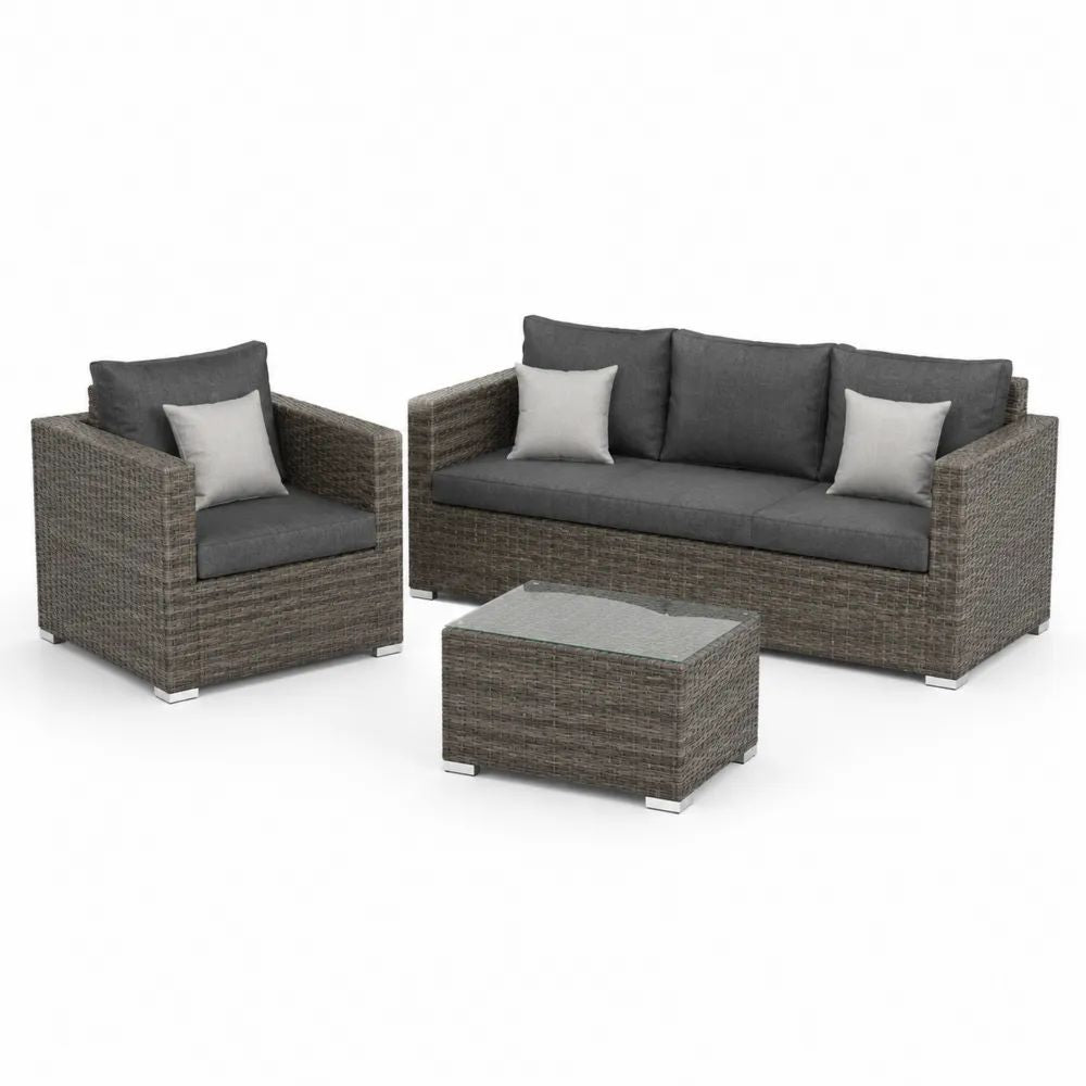 Salon de jardin extérieur 4 places, ensemble 3 pièces en résine PE grise avec coussins anthracite, canapé 190 × 75 × 74 cm, fauteuil 78 × 75 × 74 cm et table 70 × 50 × 39 cm
