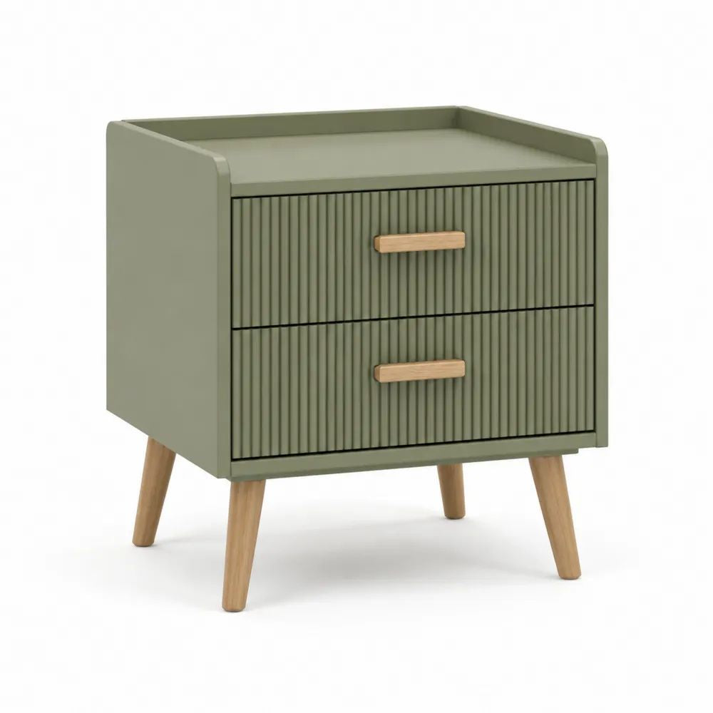 Table de chevet rectangulaire en bois à 2 tiroirs, vert olive et bois naturel, 50 × 40 × 60 cm
