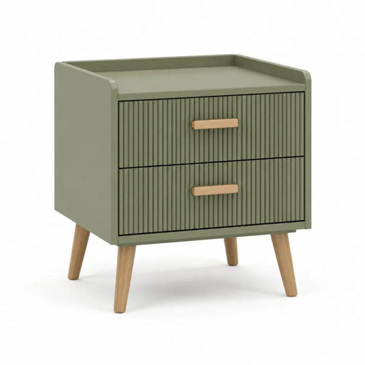 Table de chevet rectangulaire en bois à 2 tiroirs, vert olive et bois naturel, 50 × 40 × 60 cm