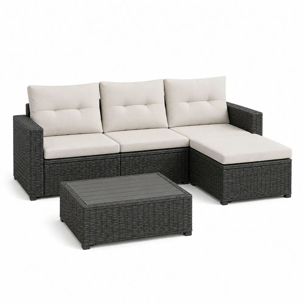 Salon de jardin extérieur 3 places en L avec méridienne et table basse en résine tressée anthracite, coussins beiges, 193 × 126 × 78 cm