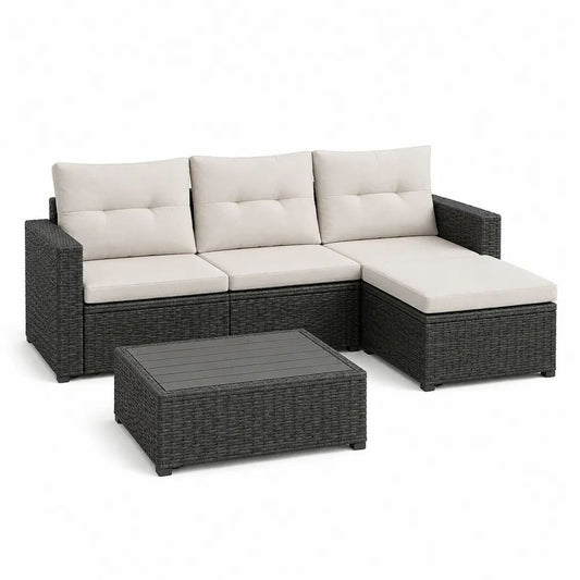 Salon de jardin extérieur 3 places en L avec méridienne et table basse en résine tressée anthracite, coussins beiges, 193 × 126 × 78 cm
