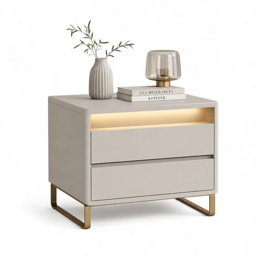 Table de chevet rectangulaire avec éclairage LED et 2 tiroirs en MDF et acier, beige et doré, 50 × 40 × 55 cm