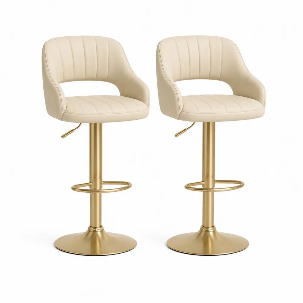 Lot de 2 tabourets de bar réglables et pivotants en similicuir crème et acier doré, 53 × 49 × 84–105 cm