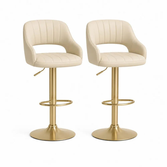 Lot de 2 tabourets de bar réglables et pivotants en similicuir crème et acier doré, 53 × 49 × 84–105 cm