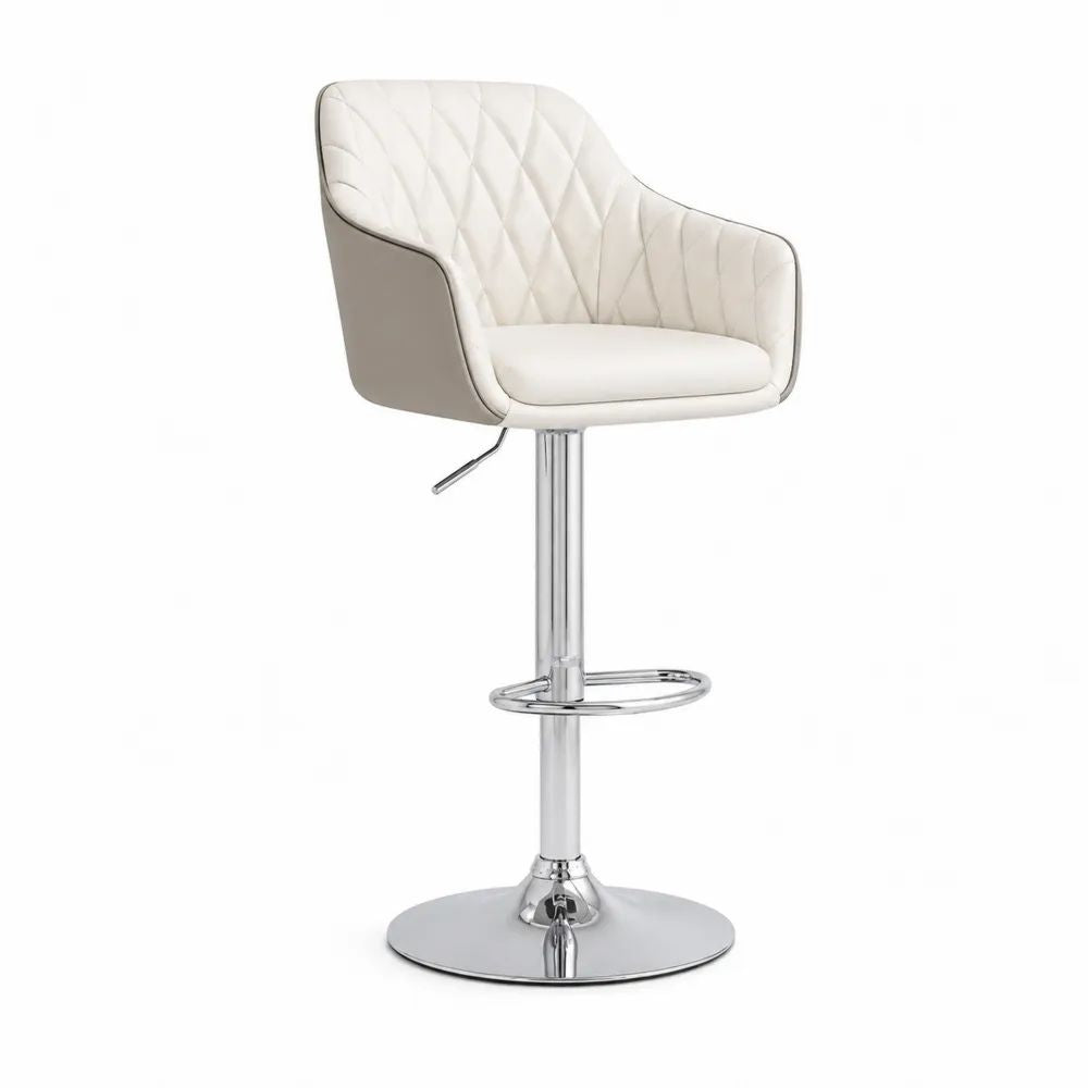 Tabouret de bar réglable et pivotant en similicuir blanc et gris avec pied en acier chromé, 52 × 51 × 88-109 cm