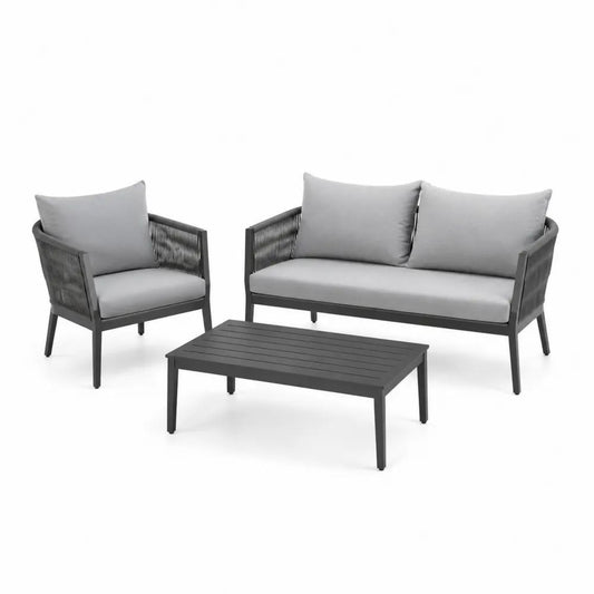Salon de jardin extérieur 3 pièces et 3 places en aluminium et corde, gris anthracite et gris clair, canapé 127 × 72 × 76 cm, fauteuil 69 × 72 × 76 cm, table 90 × 55 × 38 cm