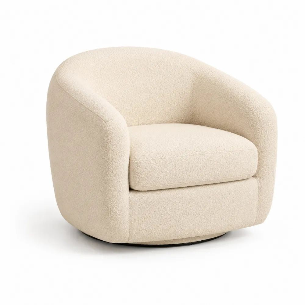Fauteuil pivotant 1 place en tissu crème, forme arrondie, 89 × 84 × 76 cm