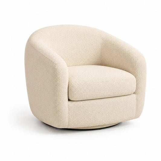 Fauteuil pivotant 1 place en tissu crème, forme arrondie, 89 × 84 × 76 cm