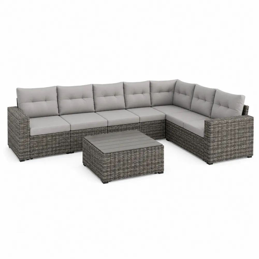 Salon de jardin 7 pièces en résine tressée grise, canapé d’angle modulable 6 places avec table basse, 280 × 210 × 65 cm