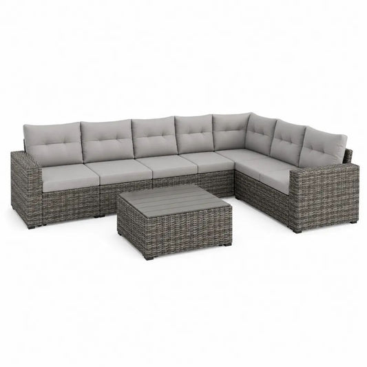 Salon de jardin 7 pièces en résine tressée grise, canapé d’angle modulable 6 places avec table basse, 280 × 210 × 65 cm