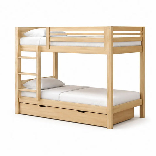 Lit superposé pour enfants en bois naturel avec tiroir et échelle, couchages 90 × 190 cm, dimensions 198 × 98 × 160 cm