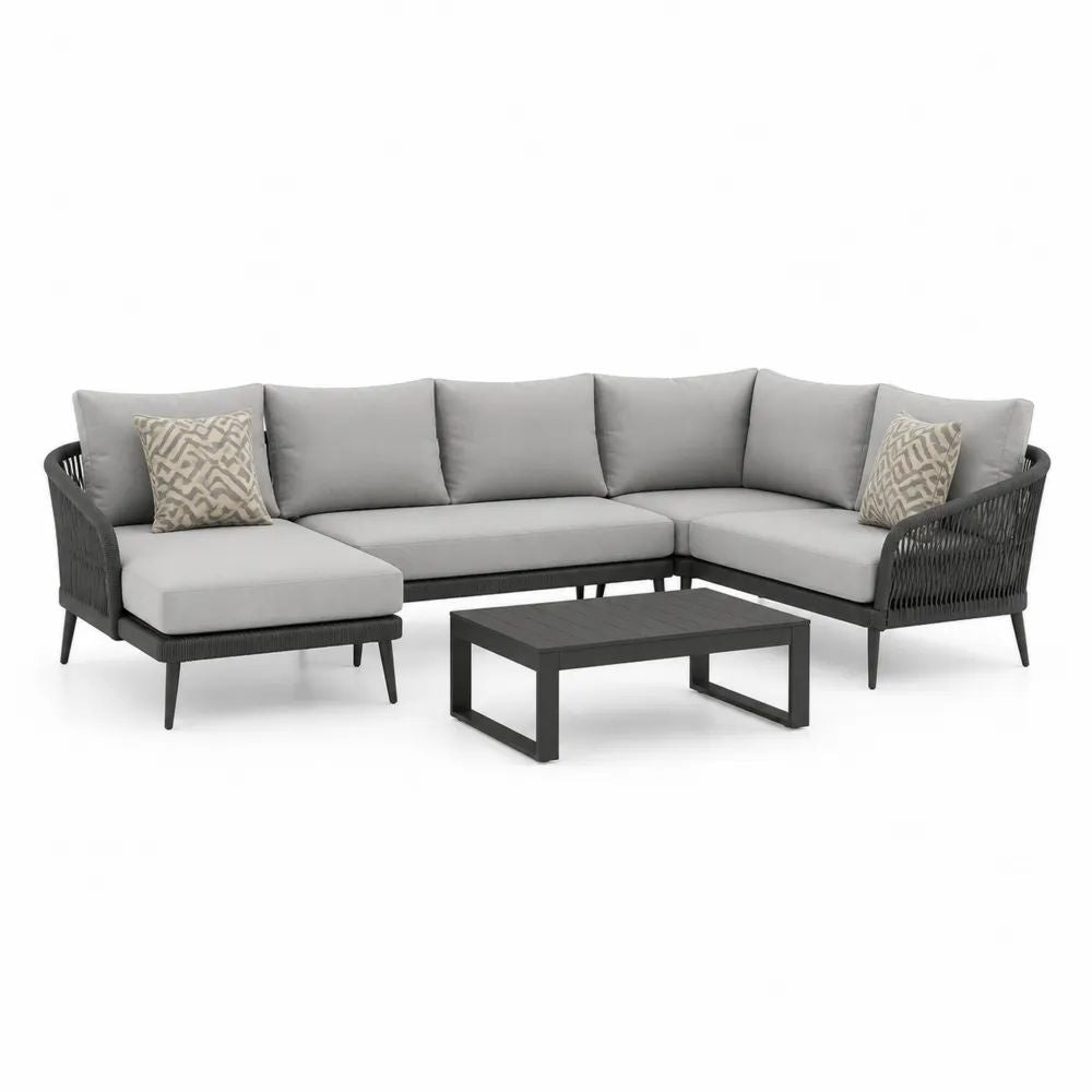 Salon de jardin d’angle 5 places en aluminium et corde tressée, gris clair et anthracite, 285 × 205 × 78 cm, avec table basse 100 × 60 × 35 cm