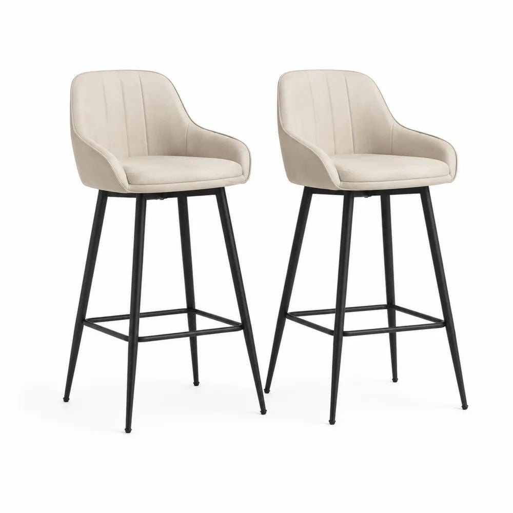 Lot de 2 tabourets de bar en tissu beige avec dossier, accoudoirs et pieds en acier noir, 52 × 55 × 102 cm