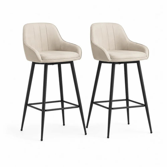 Lot de 2 tabourets de bar en tissu beige avec dossier, accoudoirs et pieds en acier noir, 52 × 55 × 102 cm