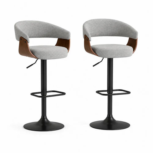 Lot de 2 tabourets de bar pivotants réglables en tissu gris, bois effet noyer et acier noir, 52 x 52 x 87-108 cm