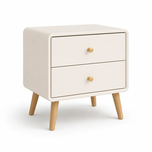 Table de chevet rectangulaire en bois à 2 tiroirs et pieds inclinés, ivoire, bois naturel et doré, 50 × 40 × 55 cm