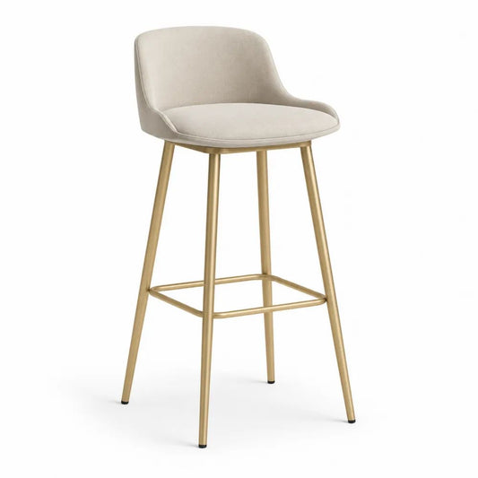 Tabouret de bar rembourré en polyester beige avec dossier incurvé et pieds en acier doré, 51 × 52 × 95 cm, hauteur d’assise 65 cm