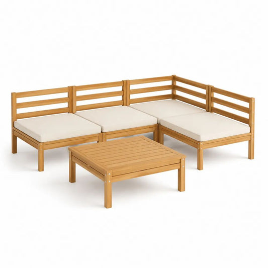 Salon de jardin d’angle extérieur 5 pièces en bois d’acacia massif avec coussins crème, 210 × 140 × 65 cm