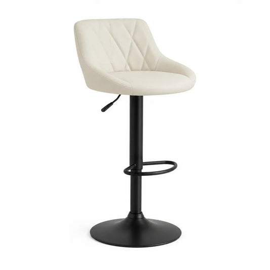 Tabouret de bar pivotant réglable en similicuir crème avec dossier, repose-pieds et base ronde en métal noir, 52 x 51 x 86–107 cm