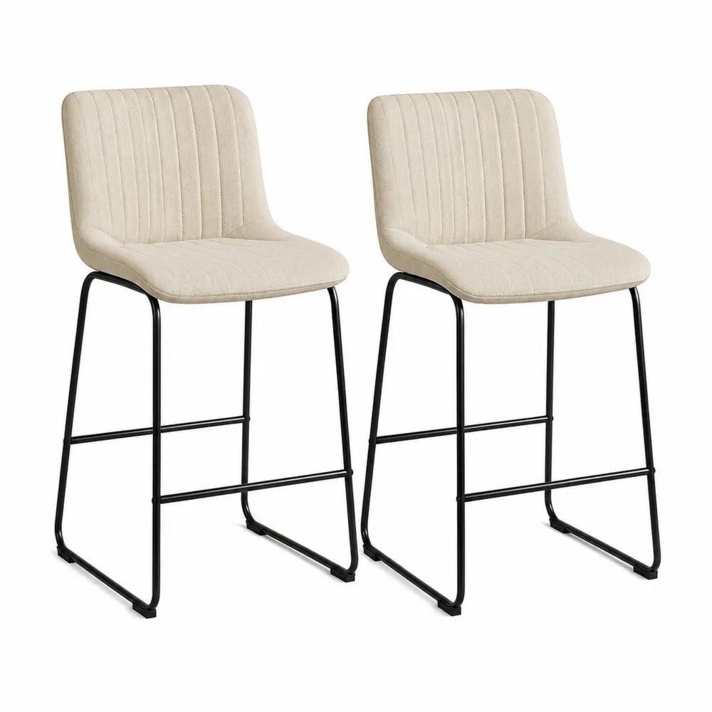 Lot de 2 tabourets de bar en polyester beige et acier noir, 48 × 52 × 96 cm