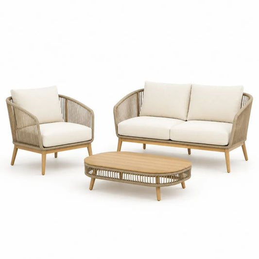 Salon de jardin extérieur 3 places, ensemble 3 pièces en aluminium, corde PE et acacia beige, canapé 148 x 79 x 76 cm, fauteuil 76 x 79 x 76 cm et table basse 110 x 58 x 33 cm