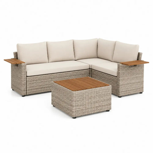 Salon de jardin d’angle extérieur 3 pièces, 5 places, avec table basse, en résine tressée, acier et bois, beige grisé et crème, 220 × 170 × 75 cm