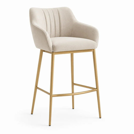 Tabouret de bar rembourré avec accoudoirs en polyester crème et acier doré, 53 × 55 × 103 cm