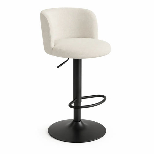 Tabouret de bar pivotant réglable en polyester écru et acier noir avec dossier incurvé, 49 x 51 x 87–108 cm