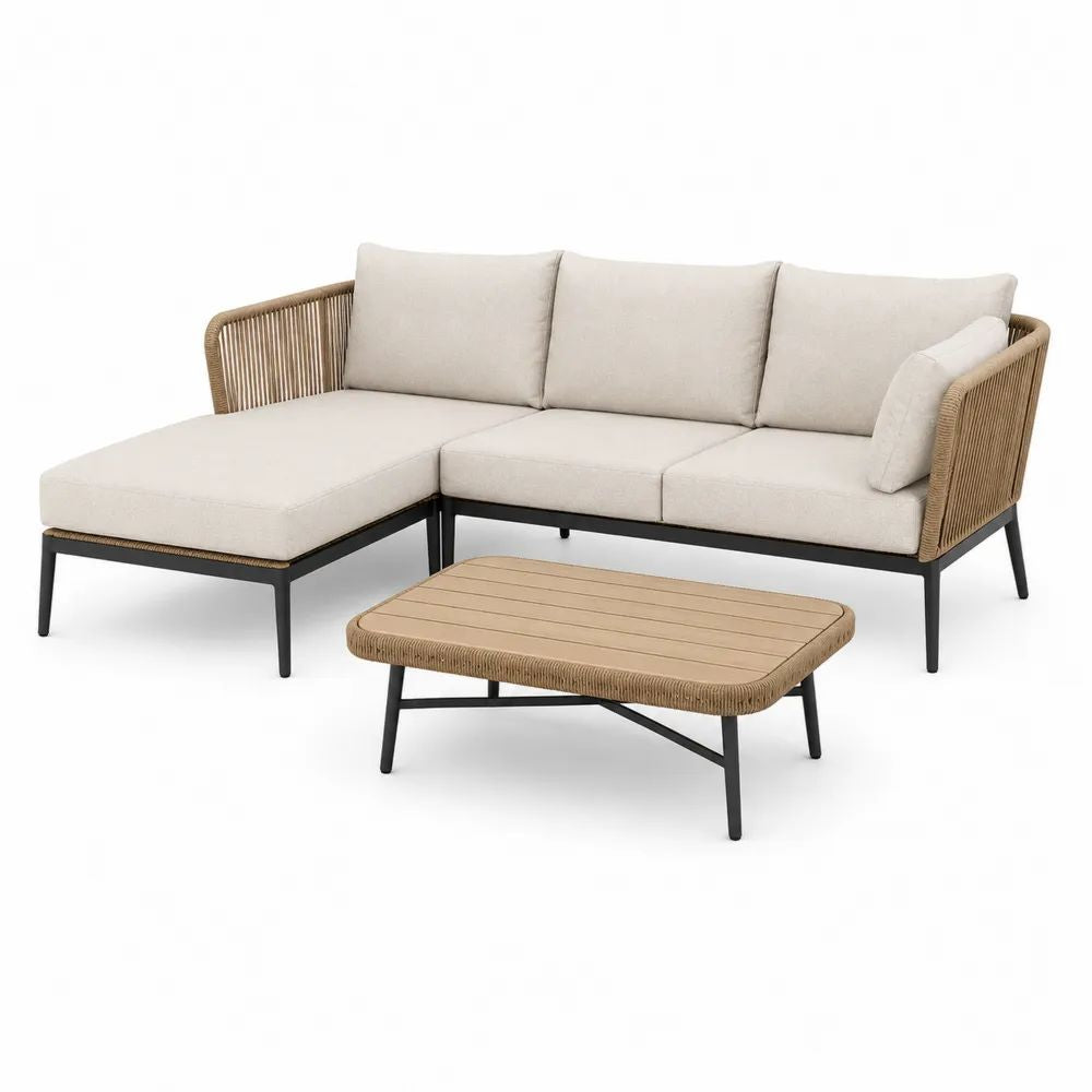 Salon de jardin extérieur 3 pièces avec canapé 3 places, pouf et table basse en acier et corde PE, beige, taupe et noir, 200 × 147 × 76 cm
