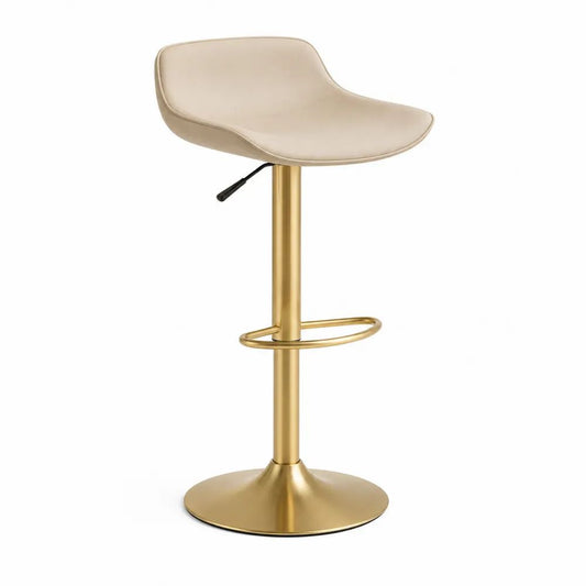 Tabouret de bar pivotant réglable avec dossier, assise incurvée en similicuir beige et structure en acier doré, 45 × 48 × 84-105 cm