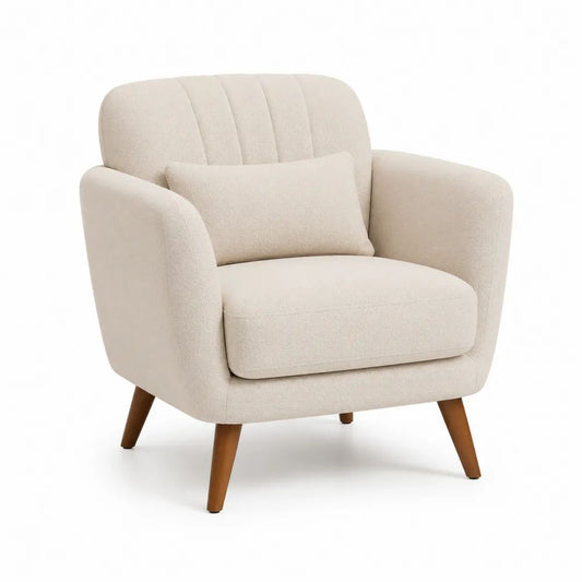 Fauteuil de salon 1 place en tissu bouclé écru avec coussin lombaire et pieds en bois marron, 82 × 78 × 82 cm