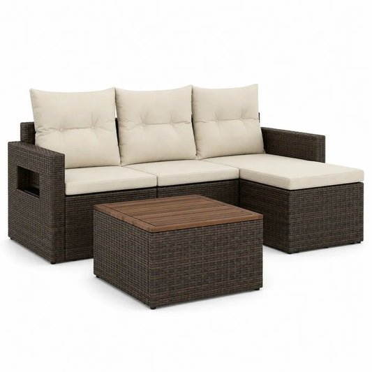 Ensemble salon de jardin extérieur 3 pièces et 3 places en résine tressée marron avec canapé d’angle 192 x 128 x 73 cm, table 60 x 60 x 36 cm et coussins beiges