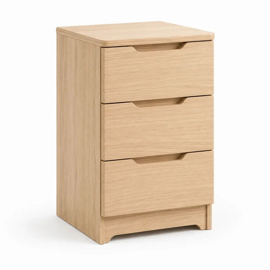 Table de chevet rectangulaire en MDF plaqué chêne clair avec 3 tiroirs, 40 × 35 × 65 cm