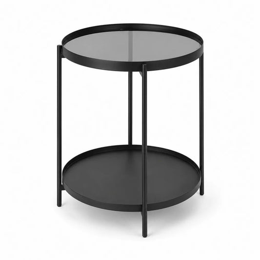 Table d’appoint ronde en acier noir et verre fumé avec tablette inférieure, Ø 45 × H 50 cm
