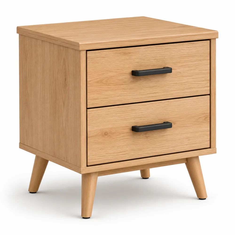Table de chevet rectangulaire en bois et métal avec 2 tiroirs, chêne clair et noir, 50 × 40 × 58 cm