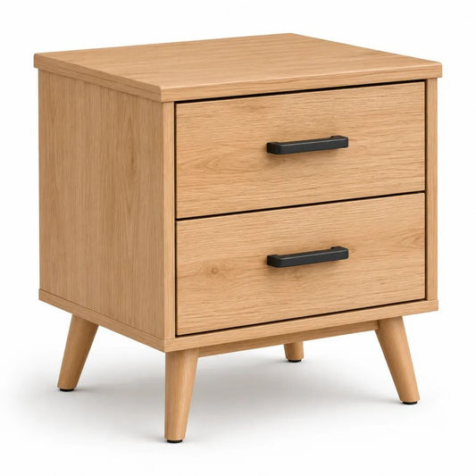 Table de chevet rectangulaire en bois et métal avec 2 tiroirs, chêne clair et noir, 50 × 40 × 58 cm