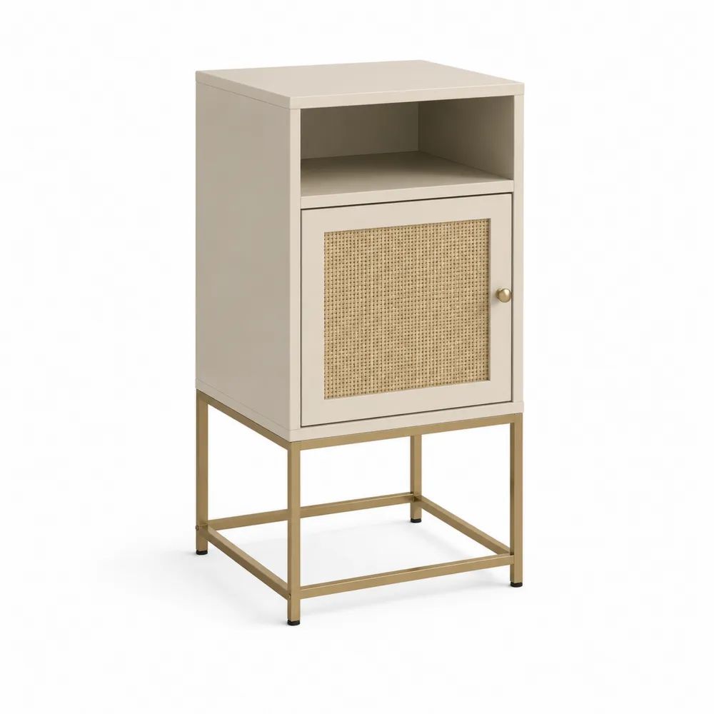 Table de chevet rectangulaire en MDF, cannage en rotin et acier, beige clair et doré, 40 × 35 × 75 cm